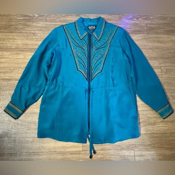 BOB MACKIE 🌟 Wearable Art 100% Silk Vintage wind breaker, emerald green, teal M - Picture 4 of 9